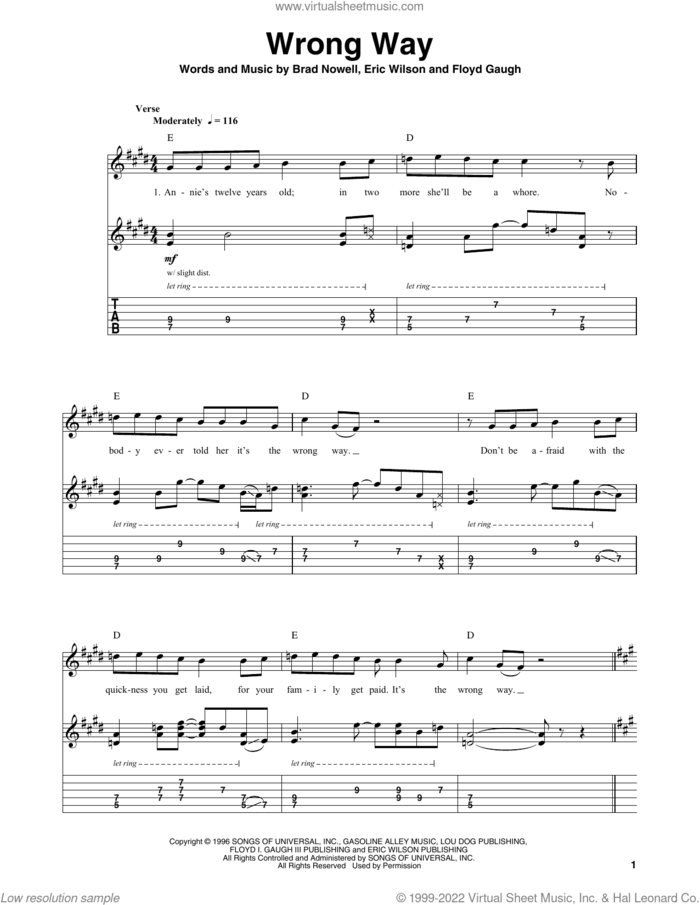 Wrong Way sheet music for guitar (tablature, play-along) by Sublime, Brad Nowell, Eric Wilson and Floyd Gaugh, intermediate skill level