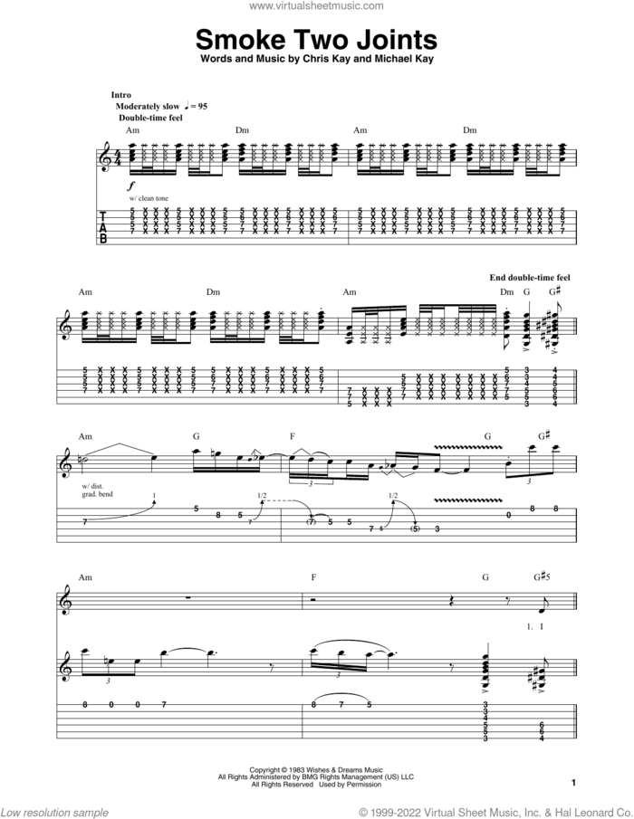 Smoke Two Joints sheet music for guitar (tablature, play-along) by Sublime, Chris Kay and Michael Kay, intermediate skill level