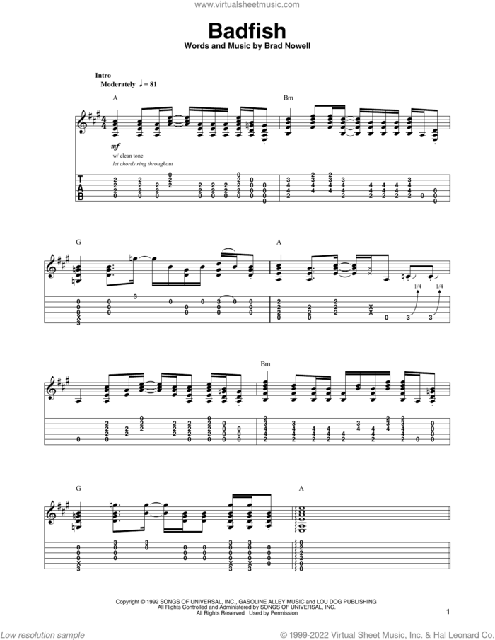 Badfish sheet music for guitar (tablature, play-along) by Sublime and Brad Nowell, intermediate skill level