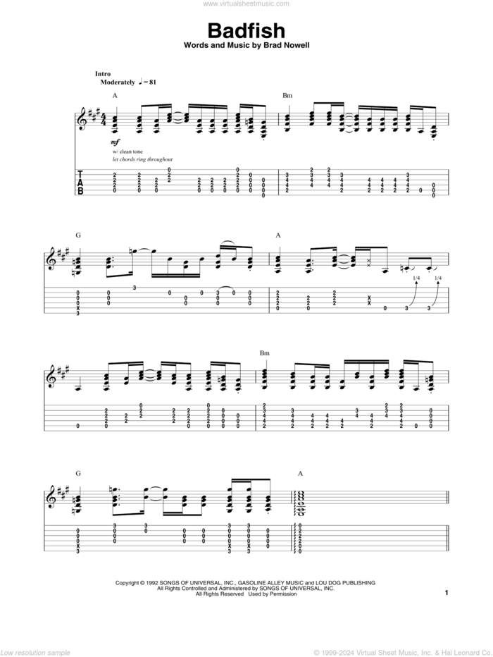 Badfish sheet music for guitar (tablature, play-along) by Sublime and Brad Nowell, intermediate skill level