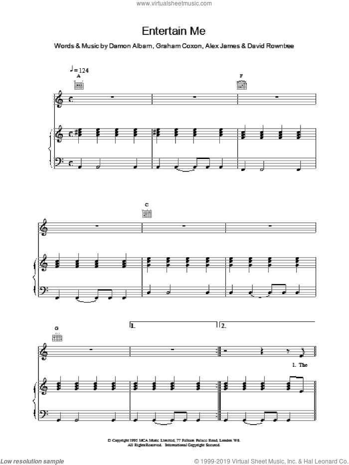 Entertain Me sheet music for voice, piano or guitar by Blur, intermediate skill level
