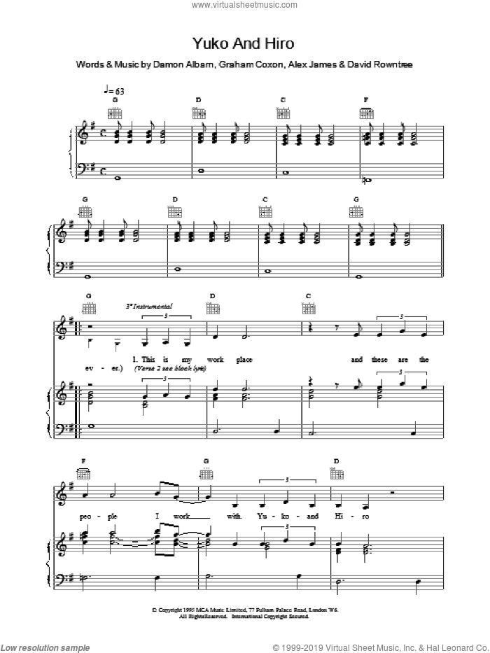Yuko and Hiro sheet music for voice, piano or guitar by Blur, intermediate skill level
