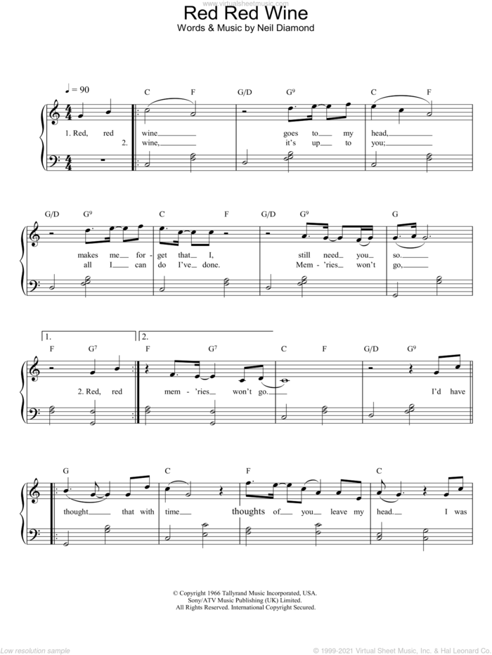 Red Red Wine sheet music for piano solo by UB40, intermediate skill level