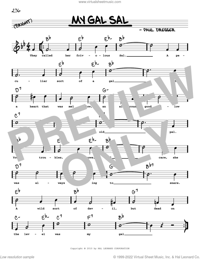 My Gal Sal (arr. Robert Rawlins) sheet music for voice and other instruments (real book with lyrics) by Paul Dresser and Robert Rawlins, intermediate skill level
