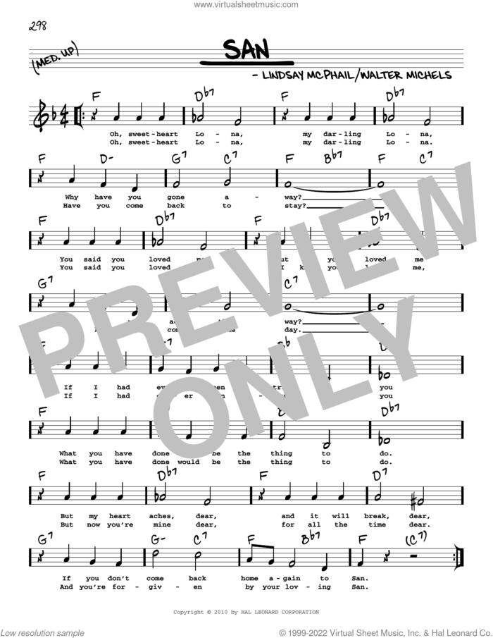 San (arr. Robert Rawlins) sheet music for voice and other instruments (real book with lyrics) by Lindsay McPhail, Robert Rawlins and Walter Michels, intermediate skill level