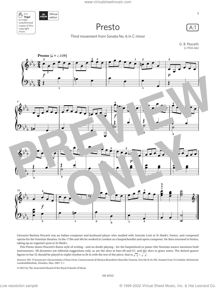 Presto (Grade 4, list A1, from the ABRSM Piano Syllabus 2023 and 2024) sheet music for piano solo by G. B. Pescetti, classical score, intermediate skill level