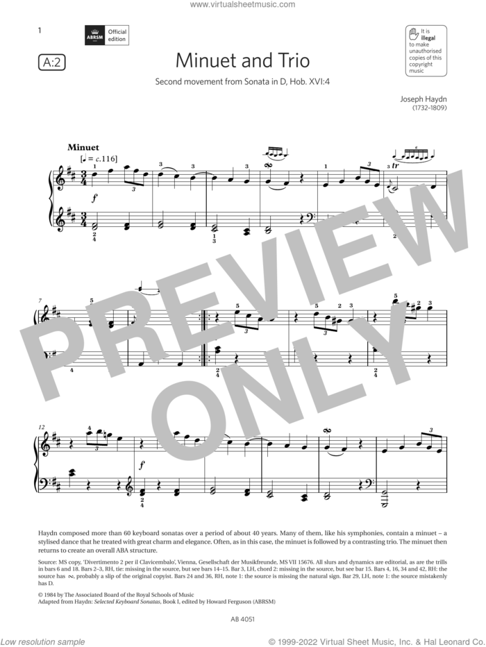 Minuet and Trio (Grade 5, list A2, from the ABRSM Piano Syllabus 2023 and 2024) sheet music for piano solo by Franz Joseph Haydn, classical score, intermediate skill level