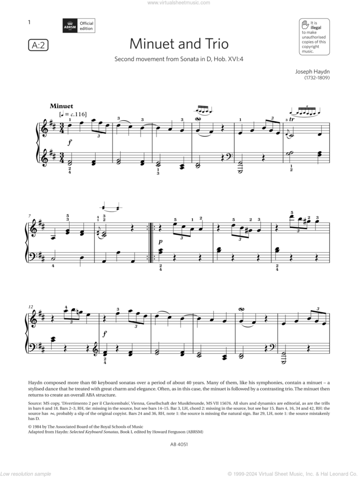 Minuet and Trio (Grade 5, list A2, from the ABRSM Piano Syllabus 2023 and 2024) sheet music for piano solo by Franz Joseph Haydn, classical score, intermediate skill level