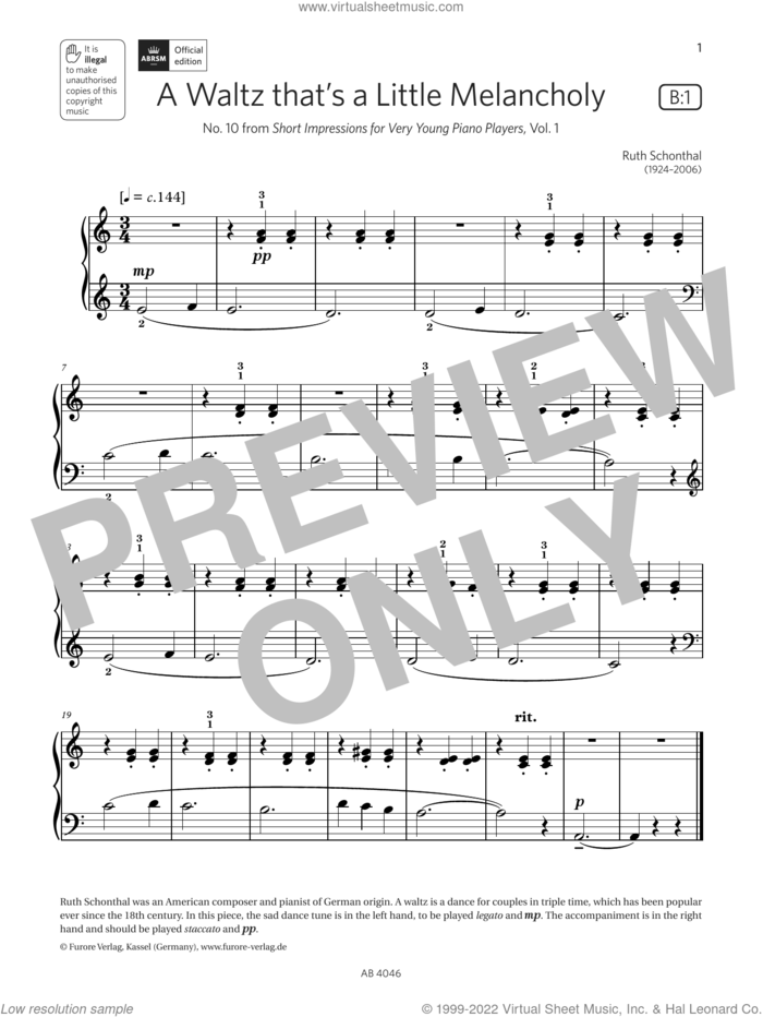 A Waltz thats a Little Melancholy (Grade Initial, list B1, from ABRSM Piano Syllabus 2023 and 2024) sheet music for piano solo by Ruth Schonthal, classical score, intermediate skill level