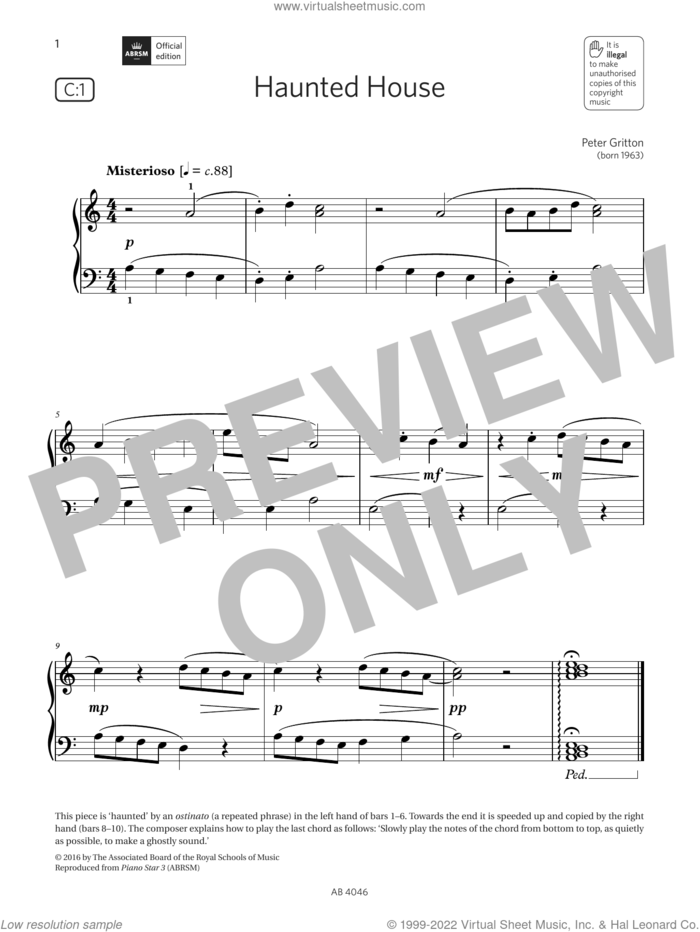 Haunted House (Grade Initial, list C1, from the ABRSM Piano Syllabus 2023 and 2024) sheet music for piano solo by Peter Gritton, classical score, intermediate skill level