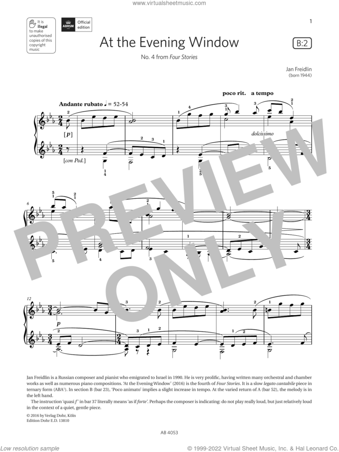 At the Evening Window (Grade 7, list B2, from the ABRSM Piano Syllabus 2023 and 2024) sheet music for piano solo by Jan Freidlin, classical score, intermediate skill level