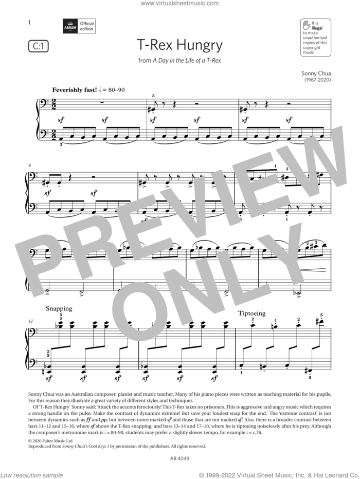 T-Rex Hungry (Grade 3, list C1, from the ABRSM Piano Syllabus 2023 and 2024) sheet music for piano solo by Sonny Chua, classical score, intermediate skill level