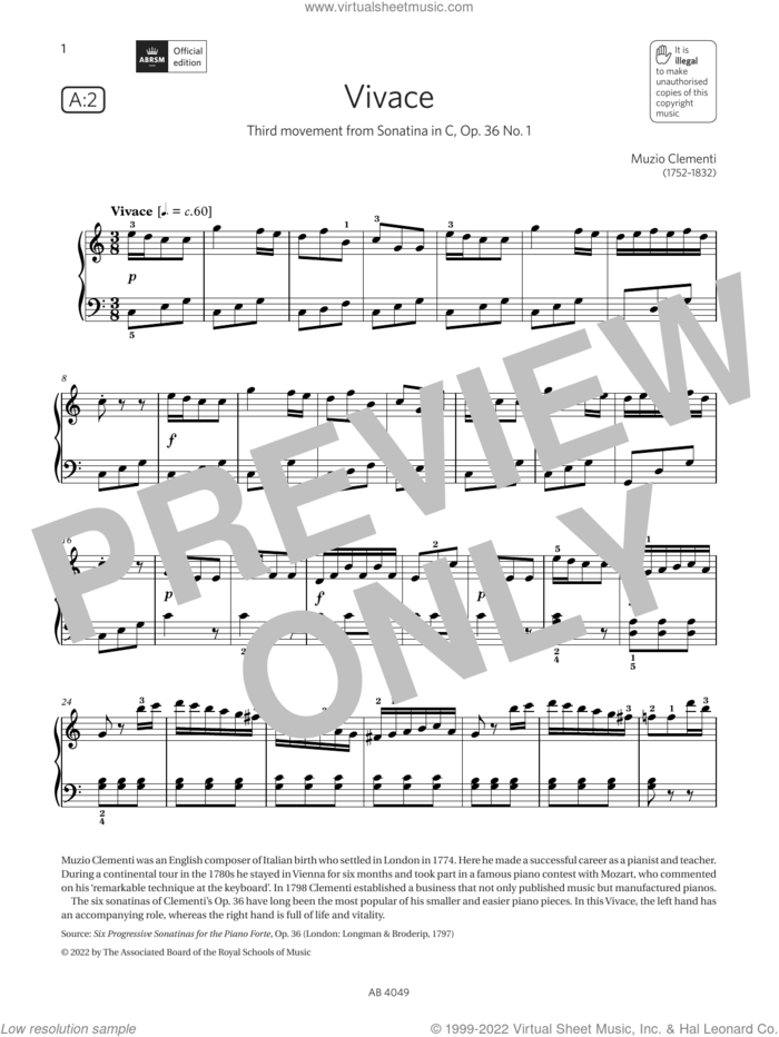 Vivace (Grade 3, list A2, from the ABRSM Piano Syllabus 2023 and 2024) sheet music for piano solo by Muzio Clementi, classical score, intermediate skill level