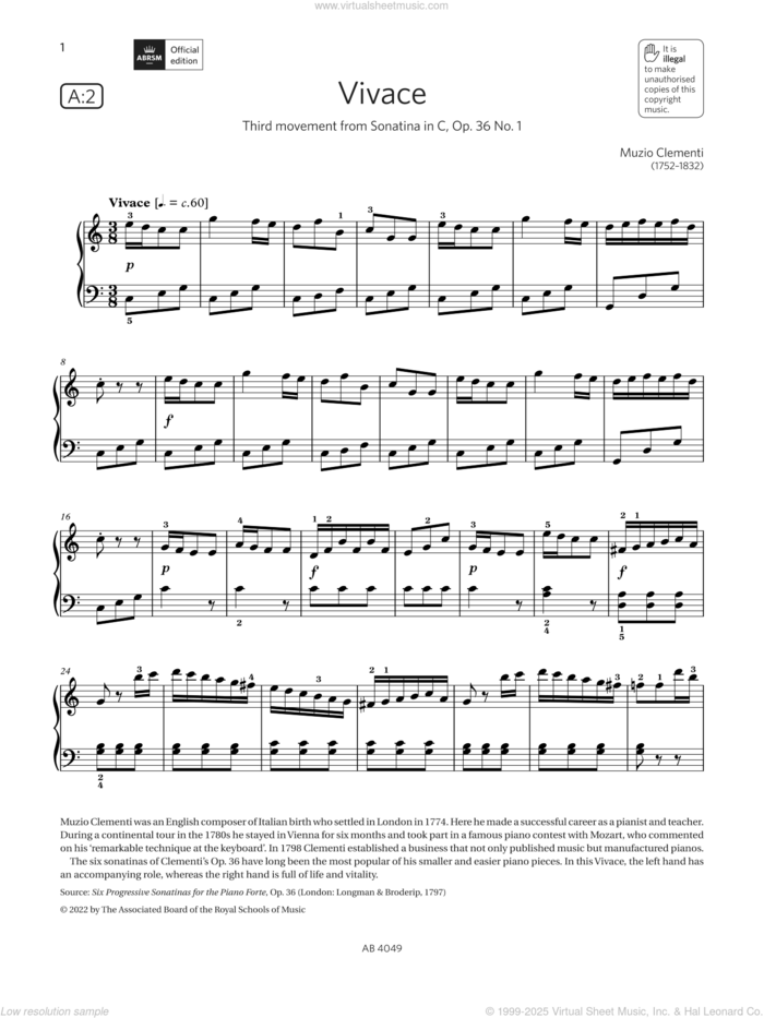 Vivace (Grade 3, list A2, from the ABRSM Piano Syllabus 2023 and 2024) sheet music for piano solo by Muzio Clementi, classical score, intermediate skill level