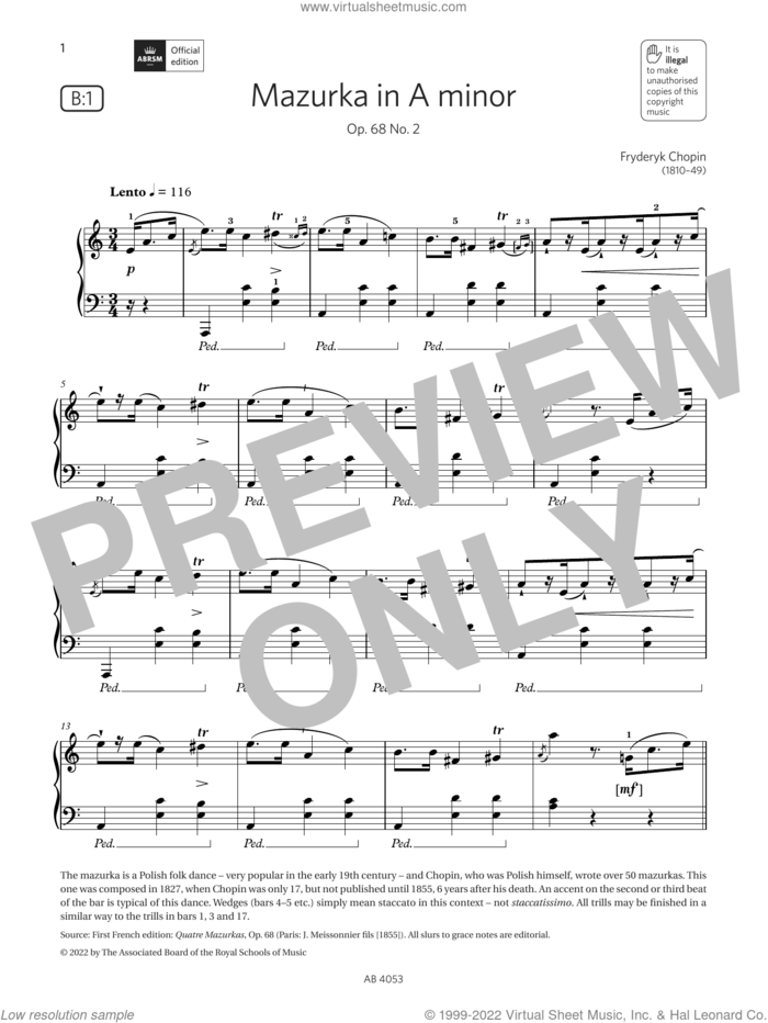 Mazurka in A minor (Grade 7, list B1, from the ABRSM Piano Syllabus 2023 and 2024) sheet music for piano solo by Frederic Chopin, classical score, intermediate skill level