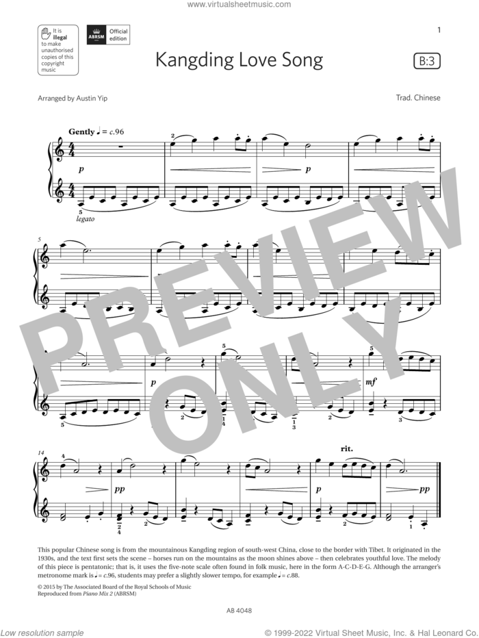 Kangding Love Song (Grade 2, list B3, from the ABRSM Piano Syllabus 2023 and 2024) sheet music for piano solo by Austin Yip and Trad Chinese, classical score, intermediate skill level