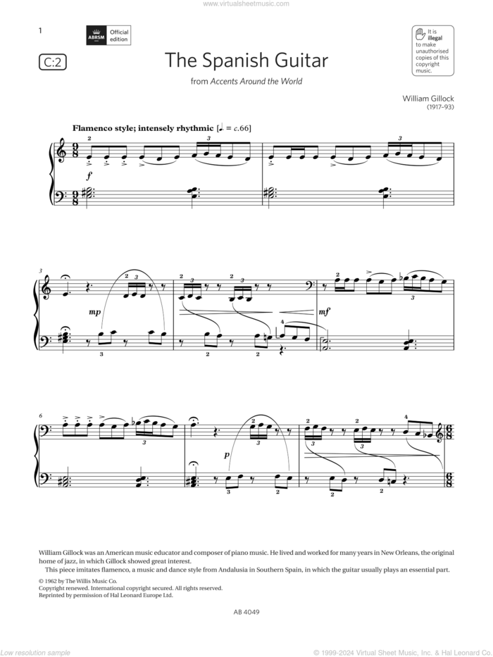 The Spanish Guitar (Grade 3, list C2, from the ABRSM Piano Syllabus 2023 and 2024) sheet music for piano solo by William Gillock, classical score, intermediate skill level