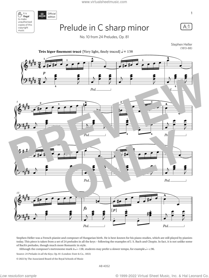 Prelude in C sharp minor (Grade 6, list A1, from the ABRSM Piano Syllabus 2023 and 2024) sheet music for piano solo by Stephen Heller, classical score, intermediate skill level