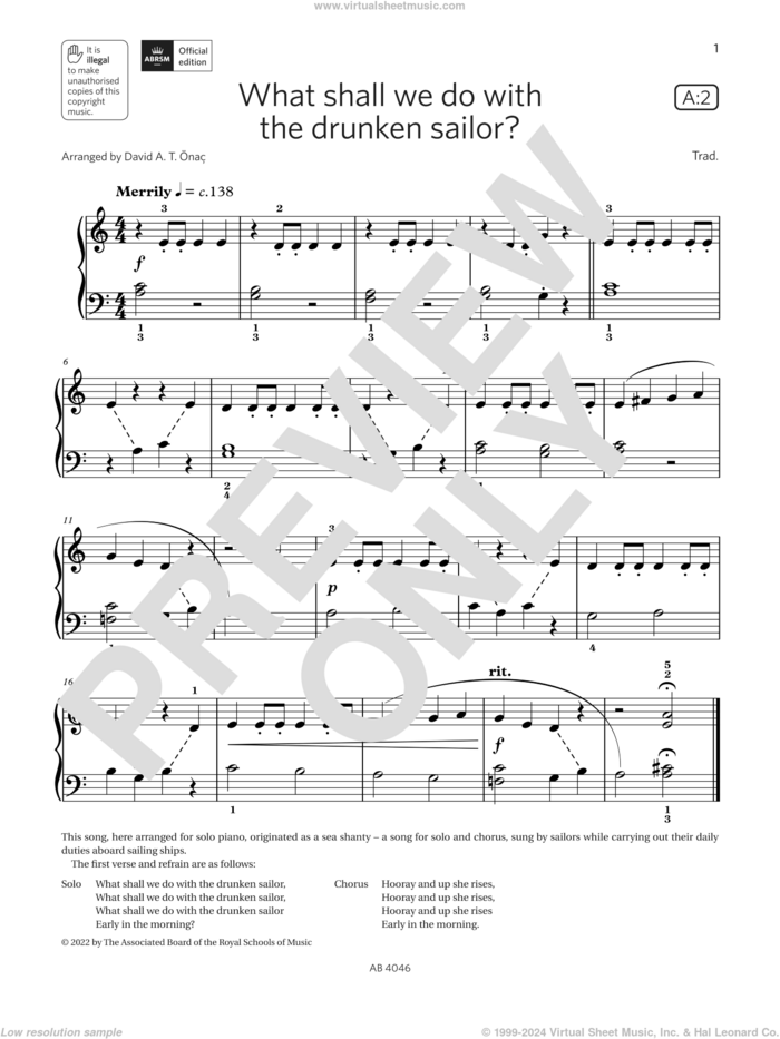 What shall we do with the drunken sailor? (Grade Initial, list A2, ABRSM Piano Syllabus 2023 and 2024) sheet music for piano solo by David Önac and Miscellaneous, classical score, intermediate skill level