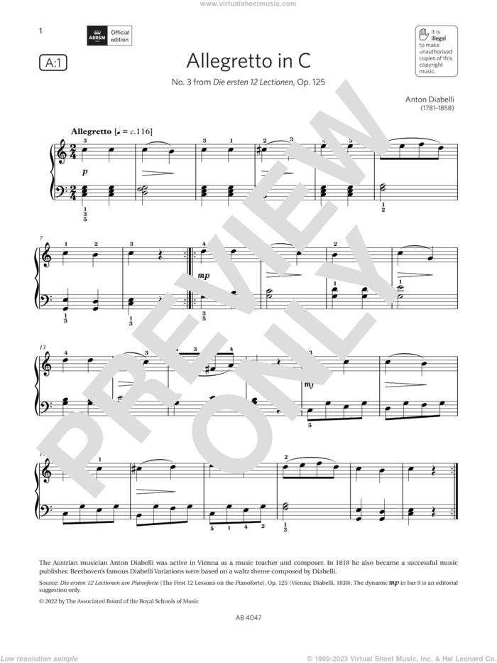 Allegretto in C (Grade 1, list A1, from the ABRSM Piano Syllabus 2023 and 2024) sheet music for piano solo by Antonio Diabelli, classical score, intermediate skill level