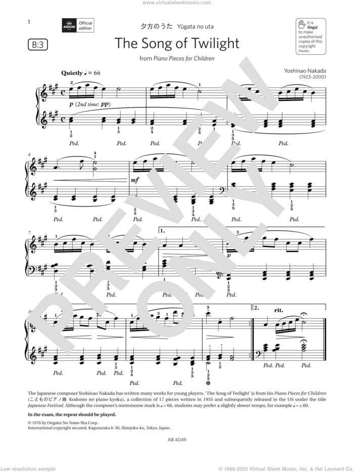 The Song of Twilight (Grade 3, list B3, from the ABRSM Piano Syllabus 2023 and 2024) sheet music for piano solo by Yoshinao Nakada, classical score, intermediate skill level