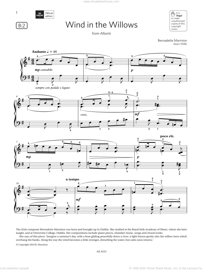 Wind in the Willows (Grade 5, list B2, from the ABRSM Piano Syllabus 2023 and 2024) sheet music for piano solo by Bernadette Marmion, classical score, intermediate skill level
