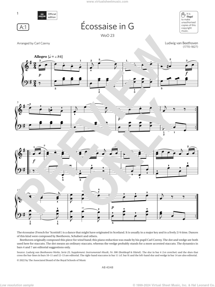 Ecossaise in G (Grade 2, list A1, from the ABRSM Piano Syllabus 2023 and 2024) sheet music for piano solo by Ludwig van Beethoven and Carl Czerny, classical score, intermediate skill level