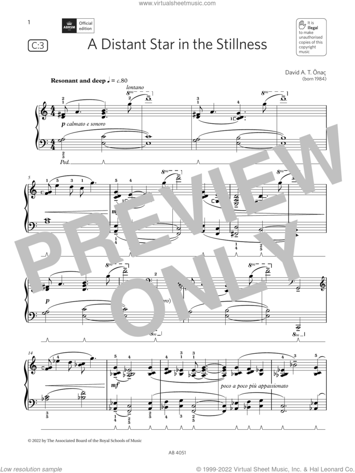 A Distant Star in the Stillness (Grade 5, list C3, from the ABRSM Piano Syllabus 2023 and 2024) sheet music for piano solo by David A T Önaç, classical score, intermediate skill level