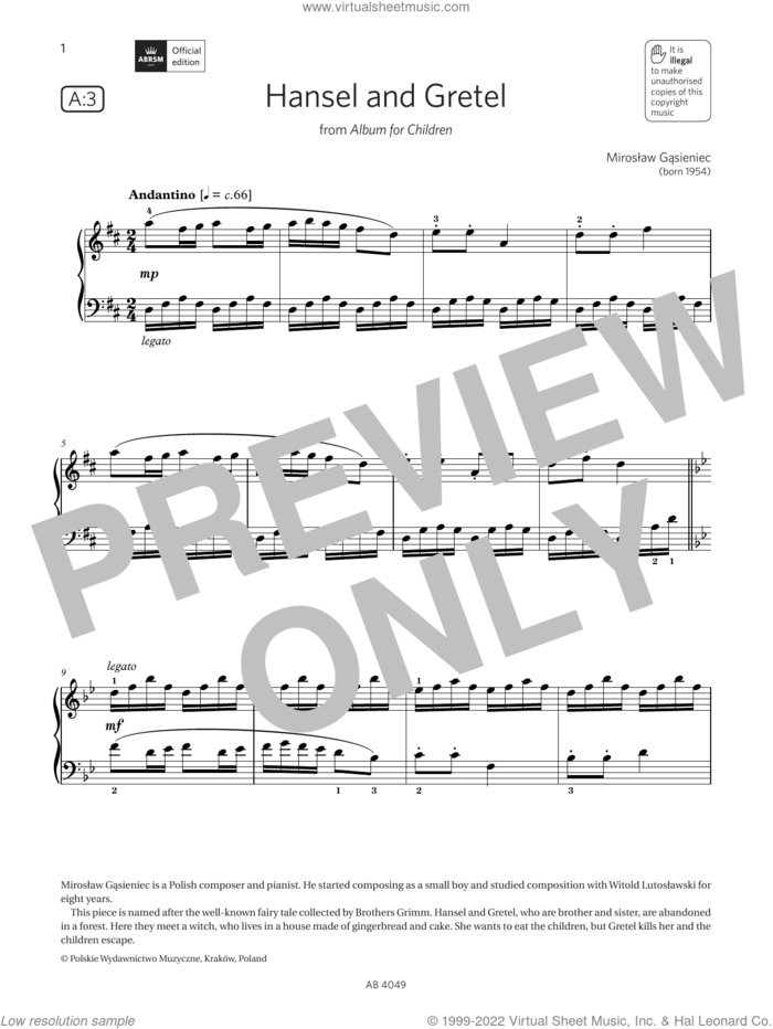 Hansel and Gretel (Grade 3, list A3, from the ABRSM Piano Syllabus 2023 and 2024) sheet music for piano solo by Mirosław Gąsieniec, classical score, intermediate skill level