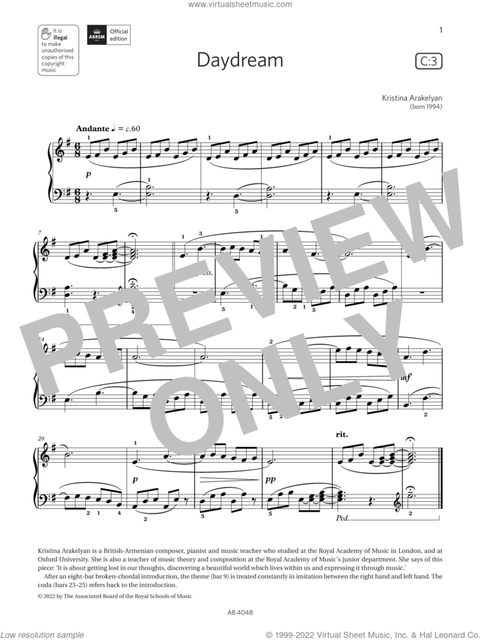 Daydream (Grade 2, list C3, from the ABRSM Piano Syllabus 2023 and 2024) sheet music for piano solo by Kristina Arakelyan, classical score, intermediate skill level