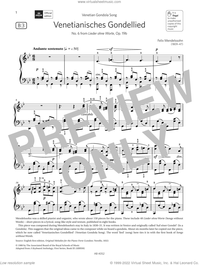 Venetianisches Gondellied (Grade 6, list B3, from the ABRSM Piano Syllabus 2023 and 2024) sheet music for piano solo by Felix Mendelssohn-Bartholdy, classical score, intermediate skill level