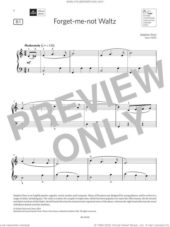Forget-me-not Waltz (Grade 2, list B1, from the ABRSM Piano Syllabus 2023 and 2024) sheet music for piano solo by Stephen Duro, classical score, intermediate skill level
