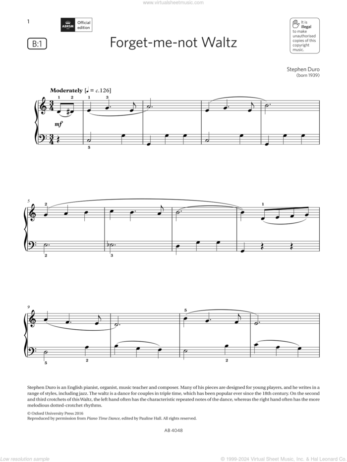 Forget-me-not Waltz (Grade 2, list B1, from the ABRSM Piano Syllabus 2023 and 2024) sheet music for piano solo by Stephen Duro, classical score, intermediate skill level