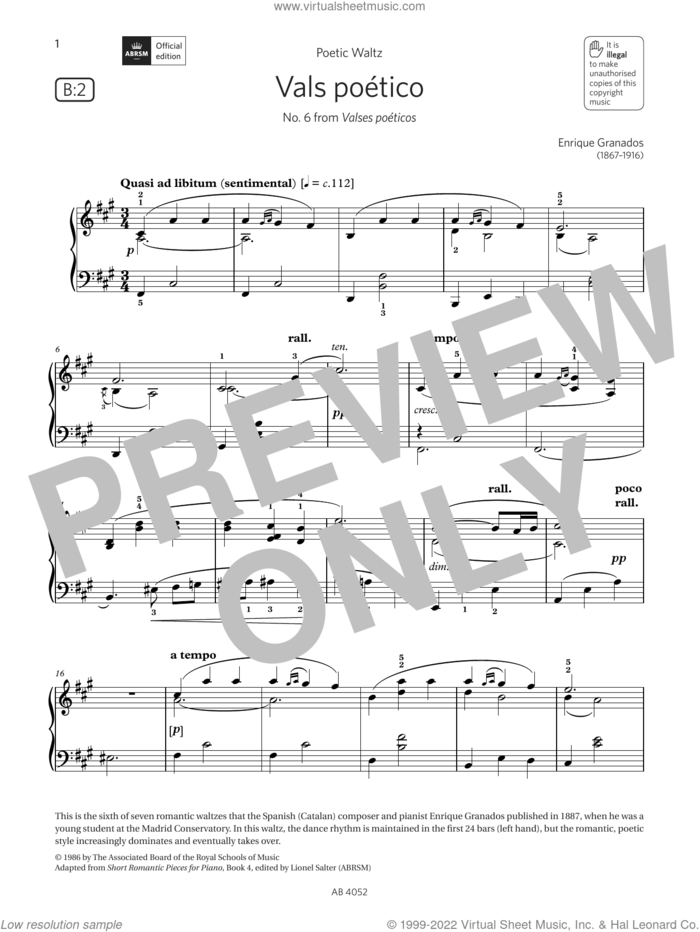 Vals poetico (Grade 6, list B2, from the ABRSM Piano Syllabus 2023 and 2024) sheet music for piano solo by Enrique Granados, classical score, intermediate skill level