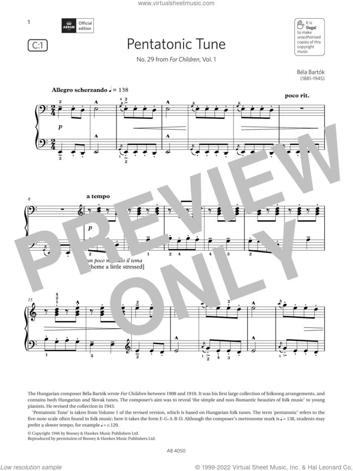 Pentatonic Tune (Grade 4, list C1, from the ABRSM Piano Syllabus 2023 and 2024) sheet music for piano solo by Béla Bartók, classical score, intermediate skill level