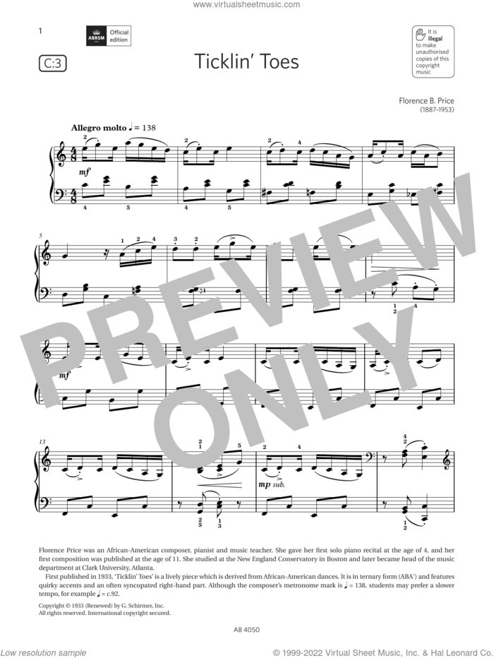 Ticklin Toes (Grade 4, list C3, from the ABRSM Piano Syllabus 2023 and 2024) sheet music for piano solo by Florence Price, classical score, intermediate skill level