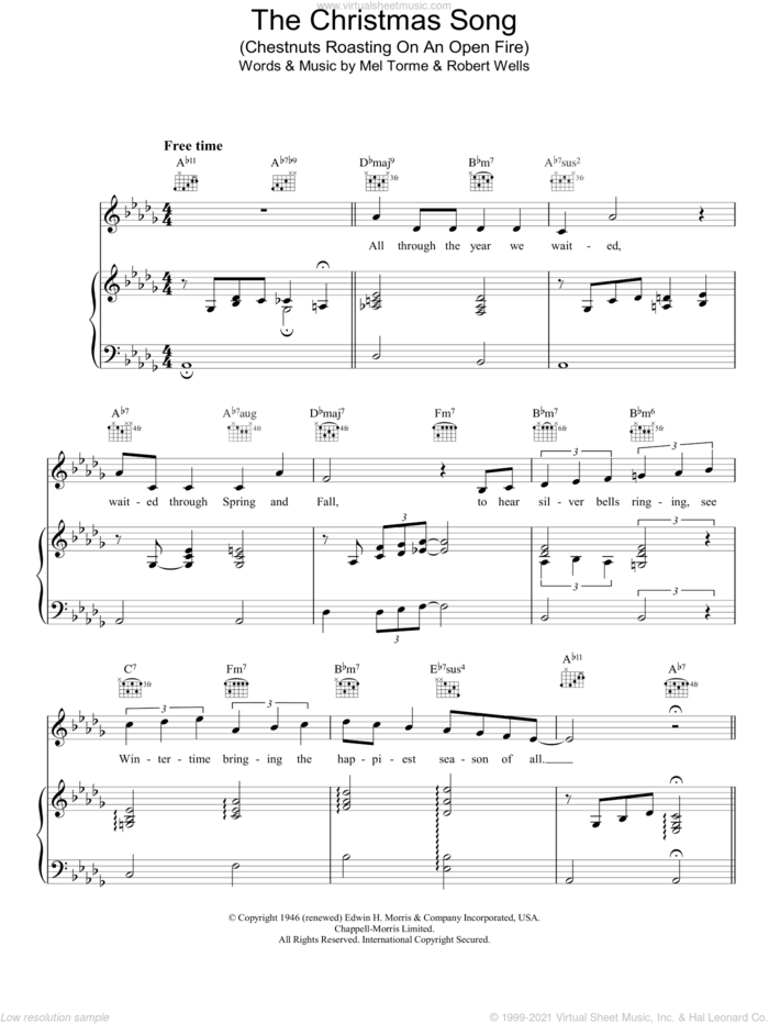 The Christmas Song (Chestnuts Roasting On An Open Fire) sheet music for voice, piano or guitar by Mel Torme, intermediate skill level