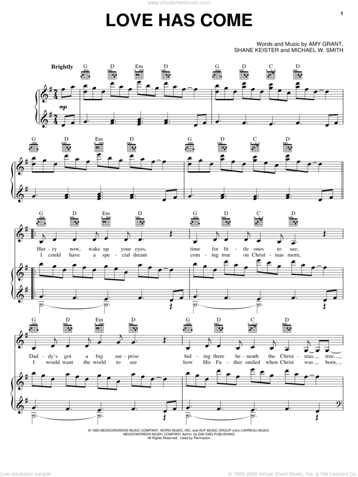 Love Has Come sheet music for voice, piano or guitar by Amy Grant, Michael W. Smith and Shane Keister, intermediate skill level