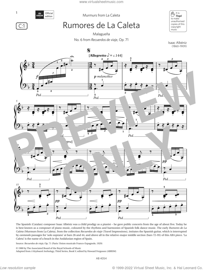 Rumores de La Caleta (Grade 8, list C1, from the ABRSM Piano Syllabus 2023 and 2024) sheet music for piano solo by Isaac Albeniz, classical score, intermediate skill level
