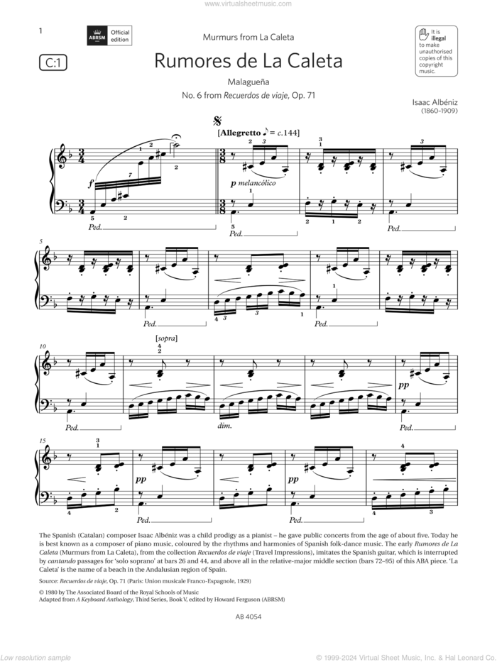 Rumores de La Caleta (Grade 8, list C1, from the ABRSM Piano Syllabus 2023 and 2024) sheet music for piano solo by Isaac Albeniz, classical score, intermediate skill level