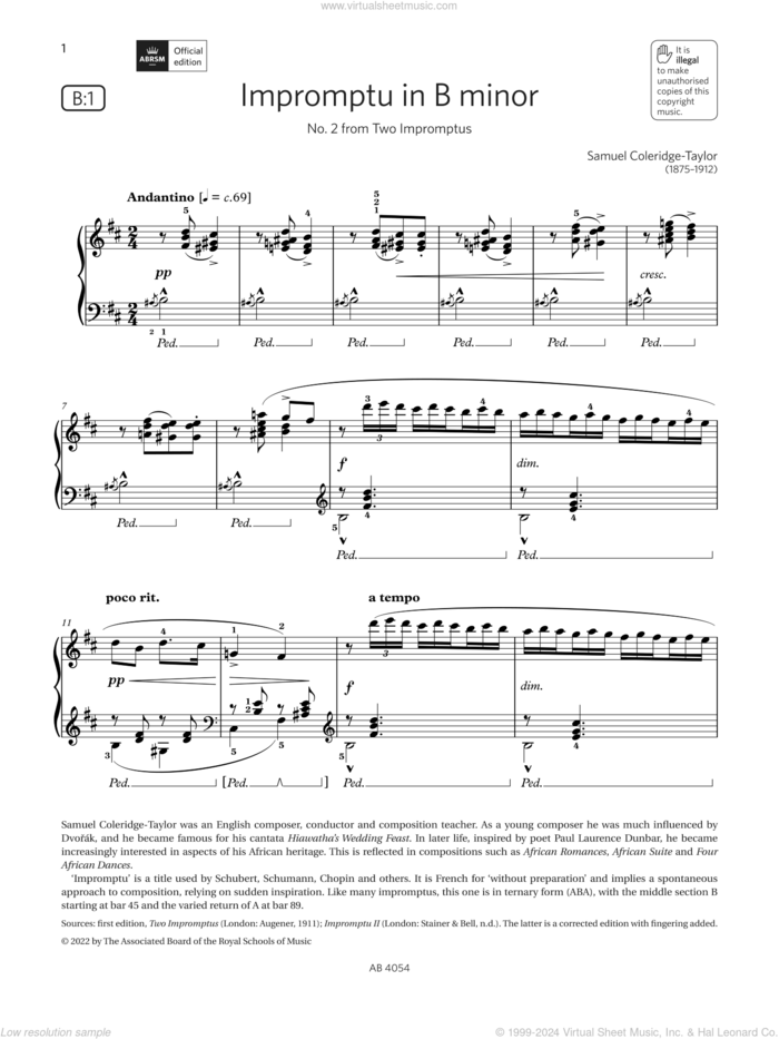 Impromptu in B minor (Grade 8, list B1, from the ABRSM Piano Syllabus 2023 and 2024) sheet music for piano solo by Samuel Coleridge-Taylor, classical score, intermediate skill level