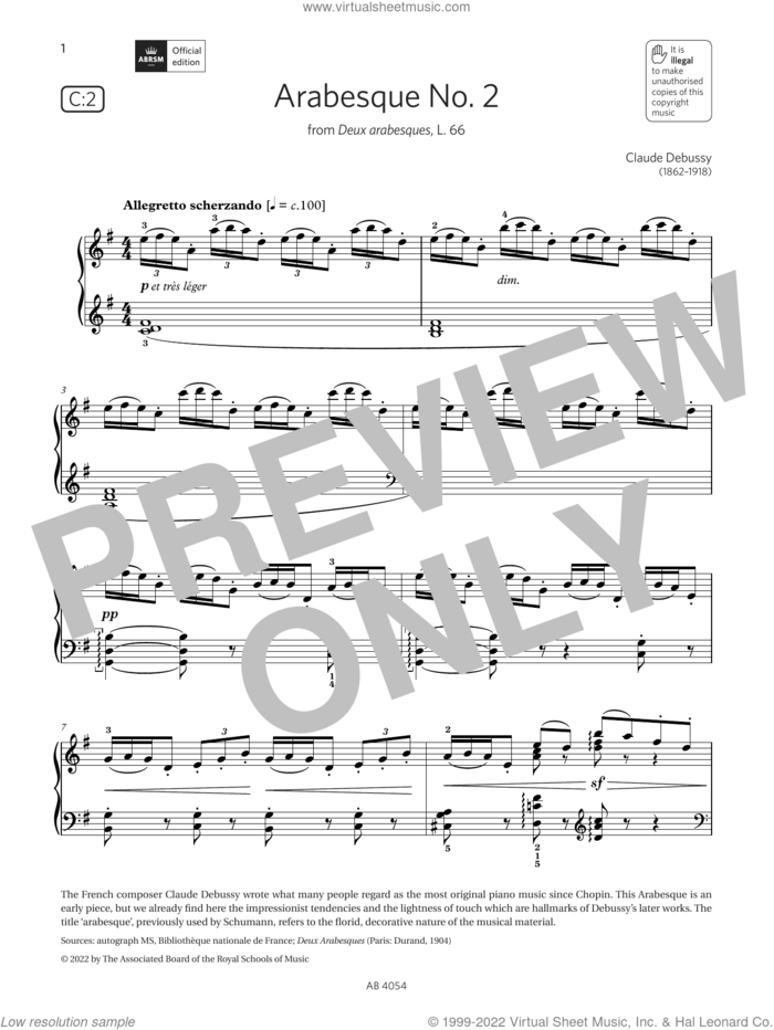 Arabesque No. 2 (Grade 8, list C2, from the ABRSM Piano Syllabus 2023 and 2024) sheet music for piano solo by Claude Debussy, classical score, intermediate skill level