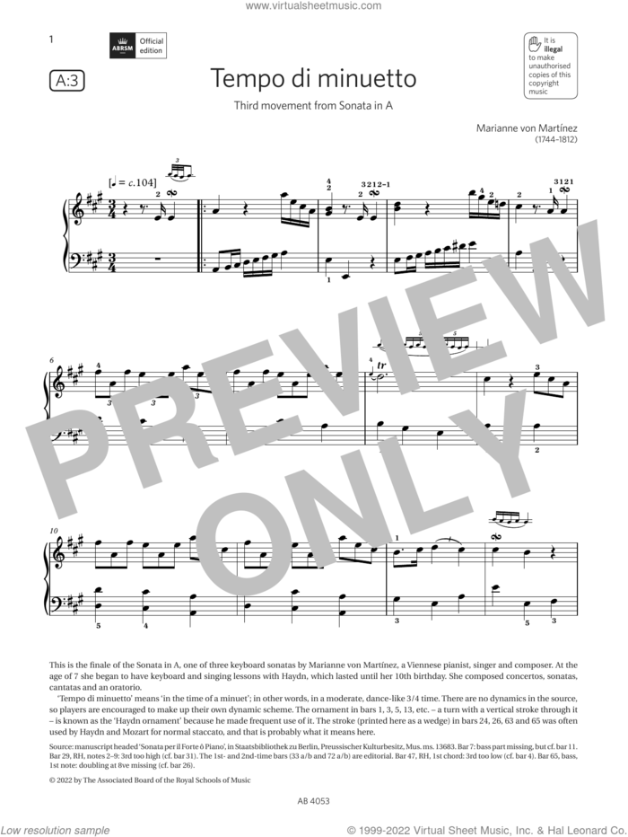 Tempo di minuetto (Grade 7, list A3, from the ABRSM Piano Syllabus 2023 and 2024) sheet music for piano solo by Marianne von Martínez, classical score, intermediate skill level