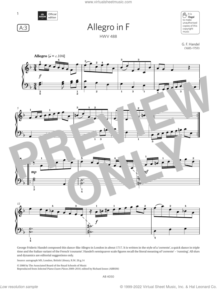 Allegro in F (Grade 4, list A3, from the ABRSM Piano Syllabus 2023 and 2024) sheet music for piano solo by George Frideric Handel, classical score, intermediate skill level