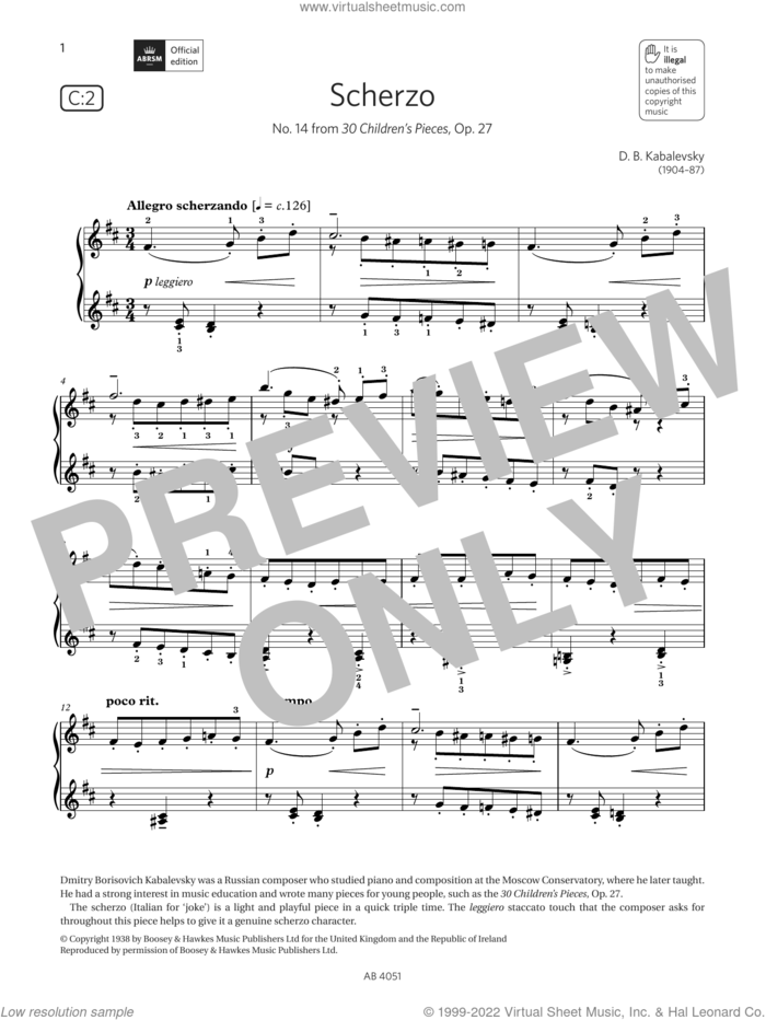 Scherzo (Grade 5, list C2, from the ABRSM Piano Syllabus 2023 and 2024) sheet music for piano solo by D B Kabalevsky, classical score, intermediate skill level