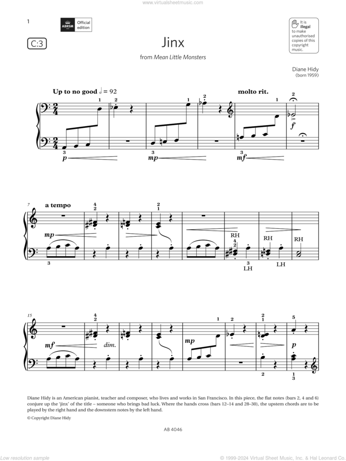 Jinx (Grade Initial, list C3, from the ABRSM Piano Syllabus 2023 and 2024) sheet music for piano solo by Diane Hidy, classical score, intermediate skill level