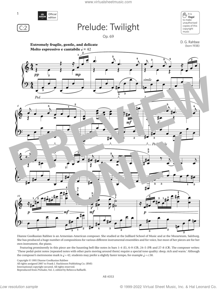 Prelude: Twilight (Grade 7, list C2, from the ABRSM Piano Syllabus 2023 and 2024) sheet music for piano solo by D G Rahbee, classical score, intermediate skill level