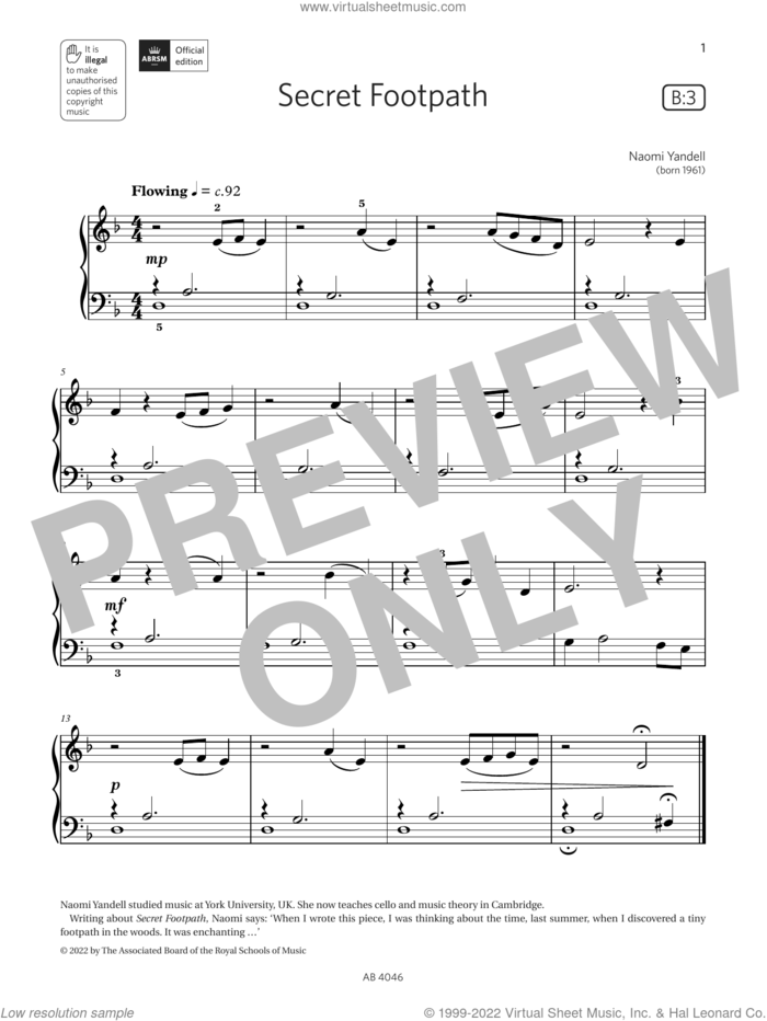 Secret Footpath (Grade Initial, list B3, from the ABRSM Piano Syllabus 2023 and 2024) sheet music for piano solo by Naomi Yandell, classical score, intermediate skill level