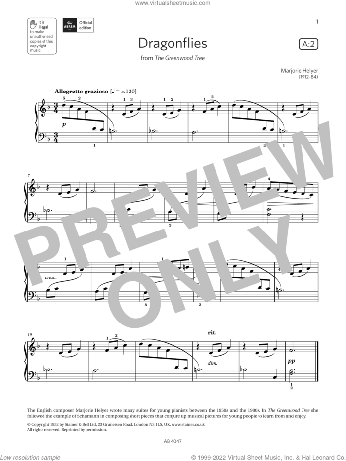 Dragonflies (Grade 1, list A2, from the ABRSM Piano Syllabus 2023 and 2024) sheet music for piano solo by Marjorie Helyer, classical score, intermediate skill level