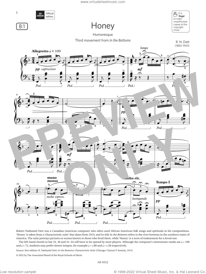 Honey (Grade 6, list B1, from the ABRSM Piano Syllabus 2023 and 2024) sheet music for piano solo by R N Dett, classical score, intermediate skill level
